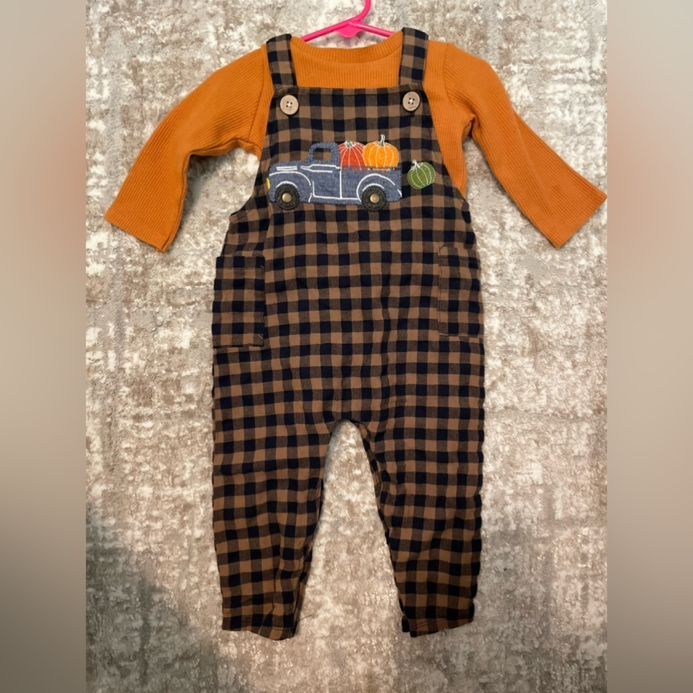 Mud Pie Pumpkin Truck Kids Overalls - Orange and Black size 6-12M